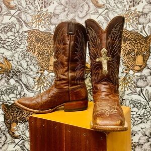 Larry Mahan Brown Leather Cowboy Boots Calf Hair Cross | Size 8 B